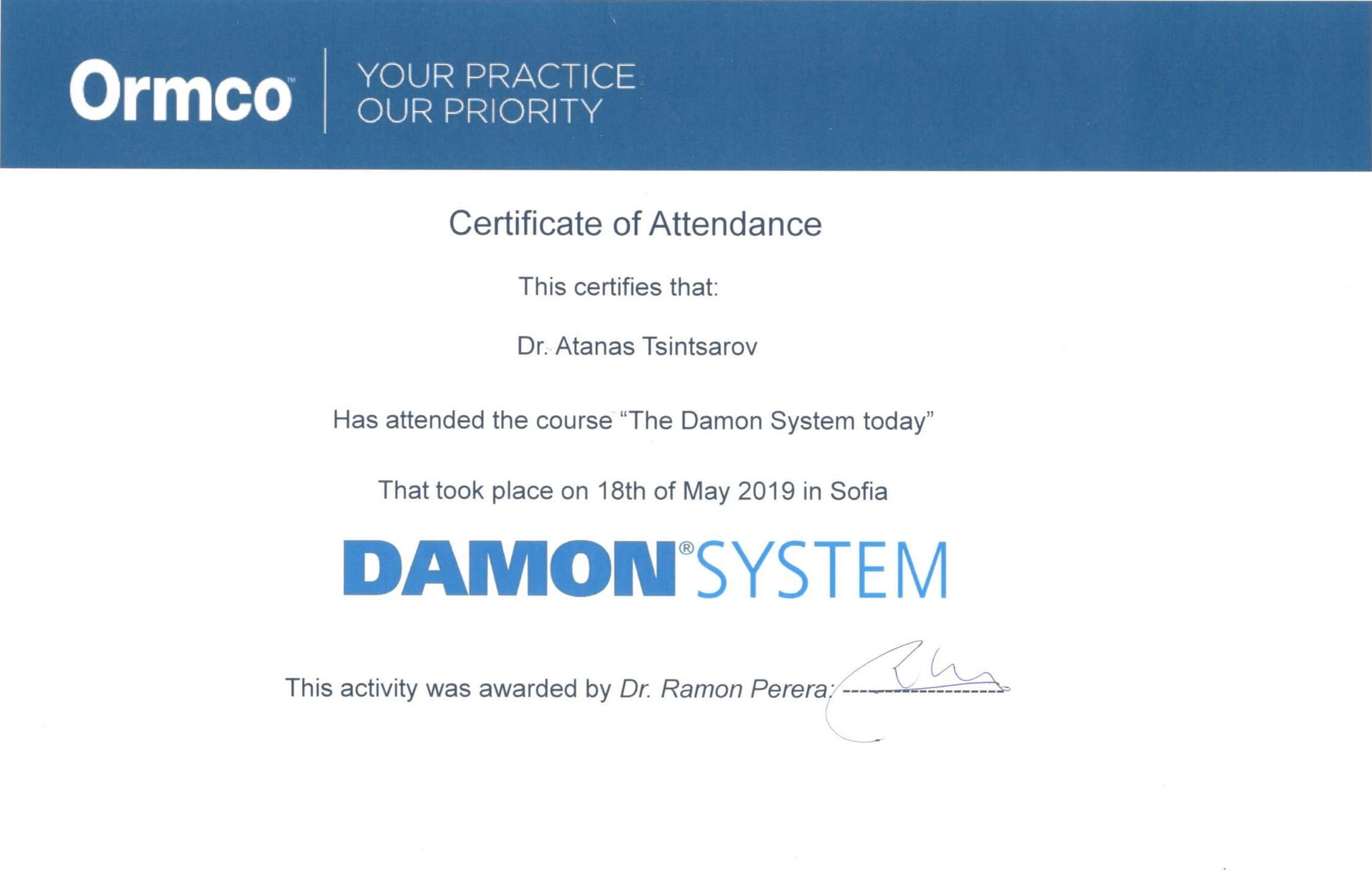Сертификат д-р Цинцаров — certificat-ormco